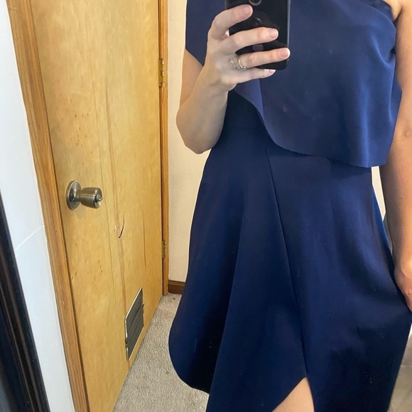 Topshop Ruffle One Shoulder Asymmetrical Hem Blue Scuba Dress - Picture 11 of 16